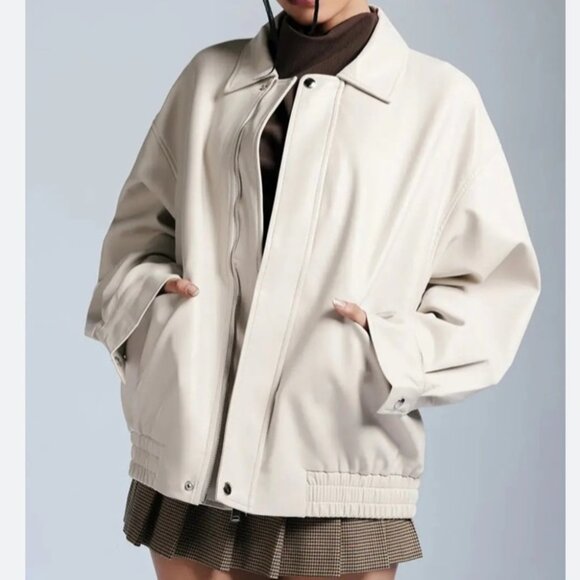 NWT Wild Pony cream vegan leather bomber jacket size L - Picture 1 of 6